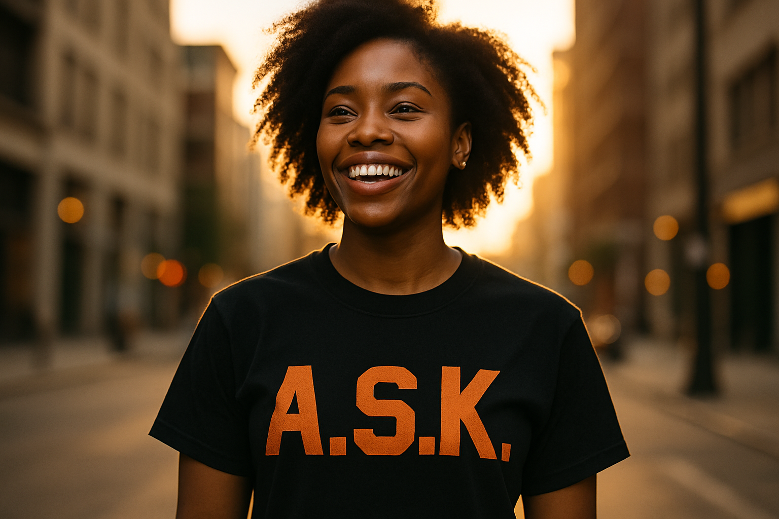 Wearing the A.S.K. tee